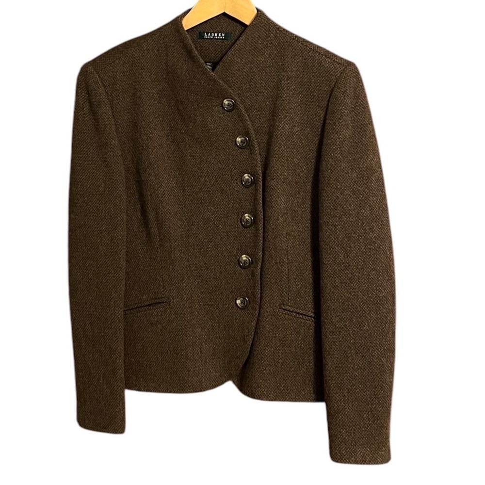 Lauren Ralph Lauren Wool Blend Blazer Jacket Brown Size 16 Asymmetrical Button